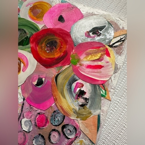 Original Art Painting Mixed Media Acrylic Collage on Canvas Board Pink Floral - Picture 6 of 8